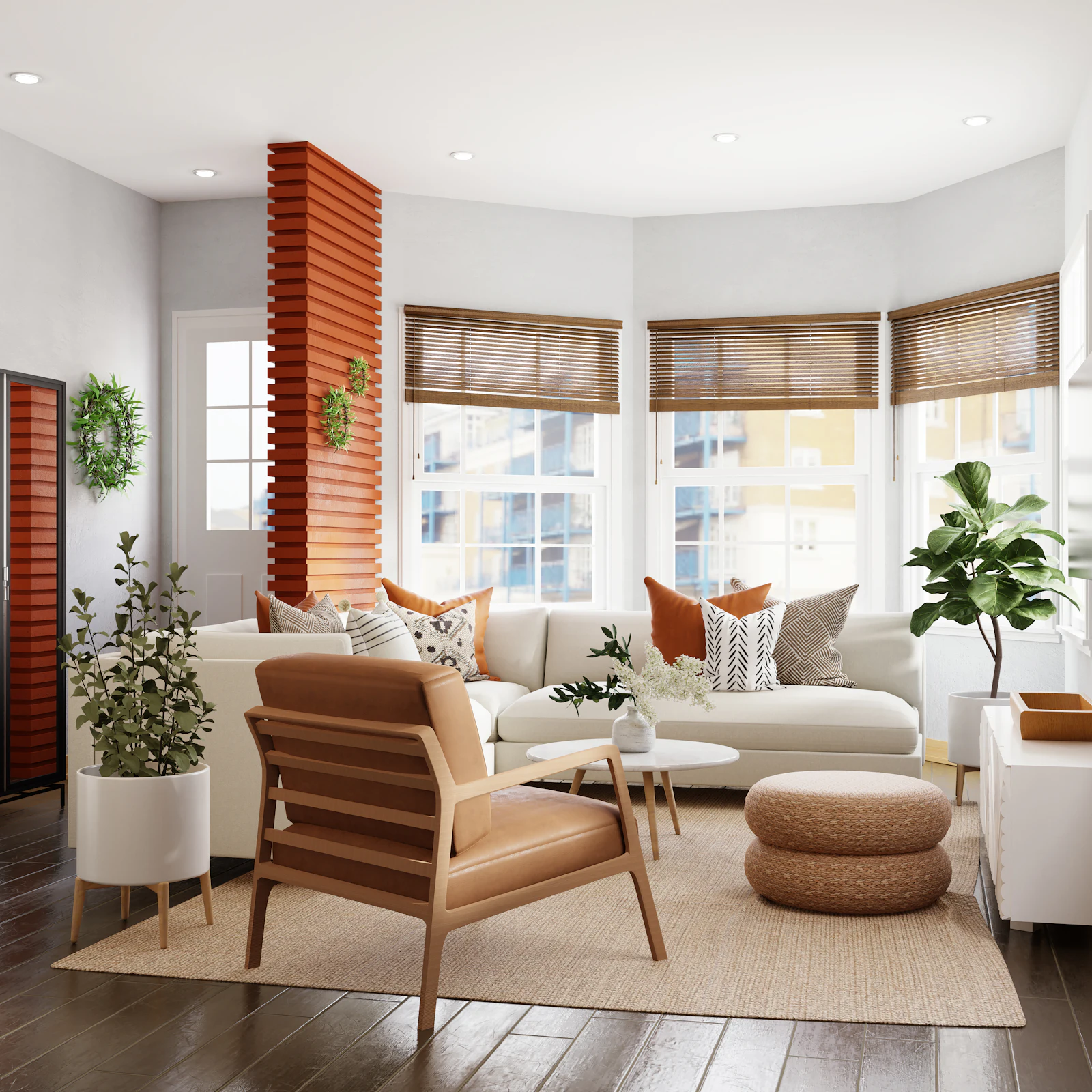 Contemporary living room with tan lounge chair, cream sofa and woven blinds