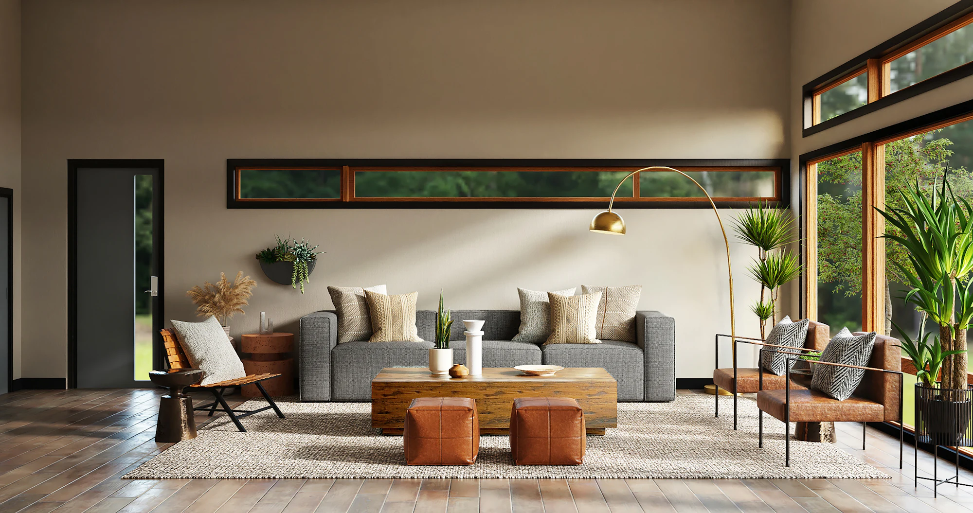 Luxury modern living room with warm neutral sofas, sculptural lighting and designer décor by Tejz Interiors