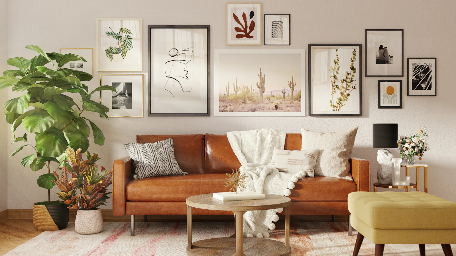 Living room with cognac leather sofa, curated gallery wall and plants