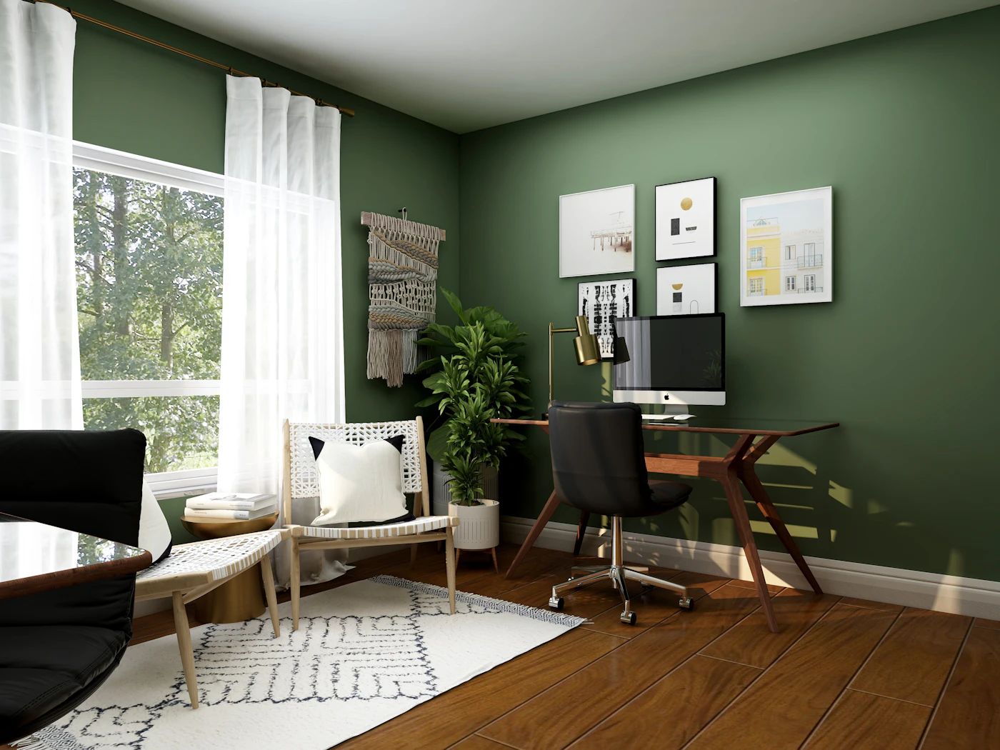 Home study with deep green wall, warm wood desk and soft daylight