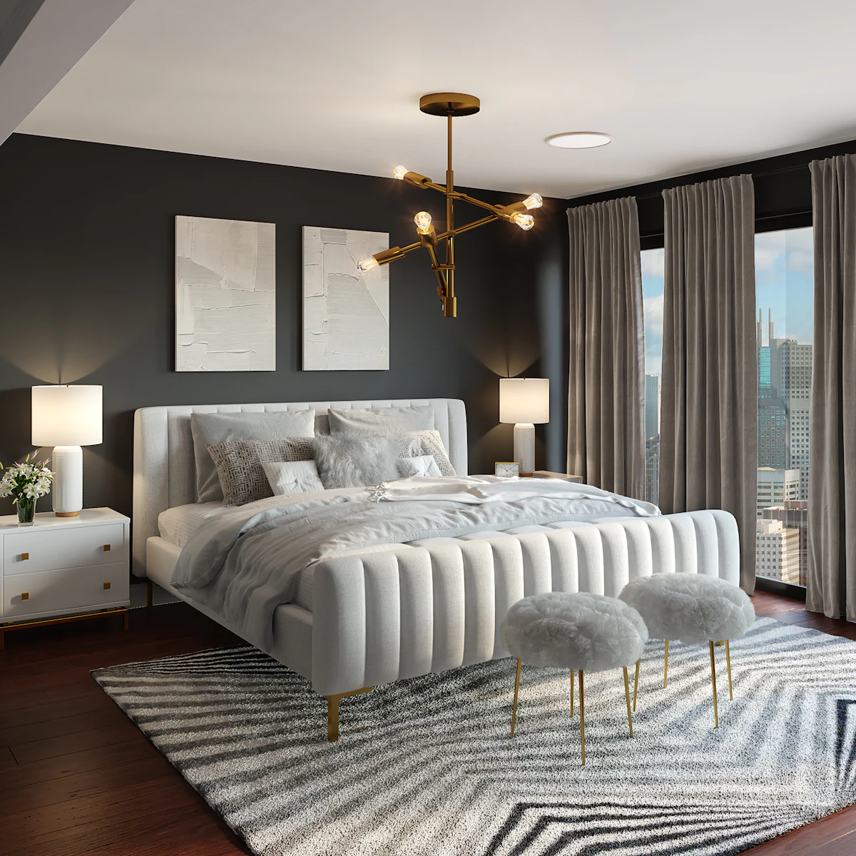 Luxury bedroom with upholstered channel-tufted bed, brass chandelier and dark feature wall