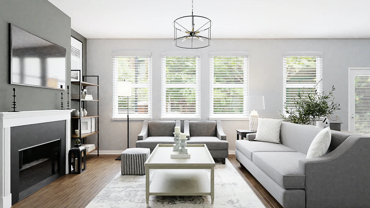 Contemporary living room with grey sofas, coffee table and soft natural light