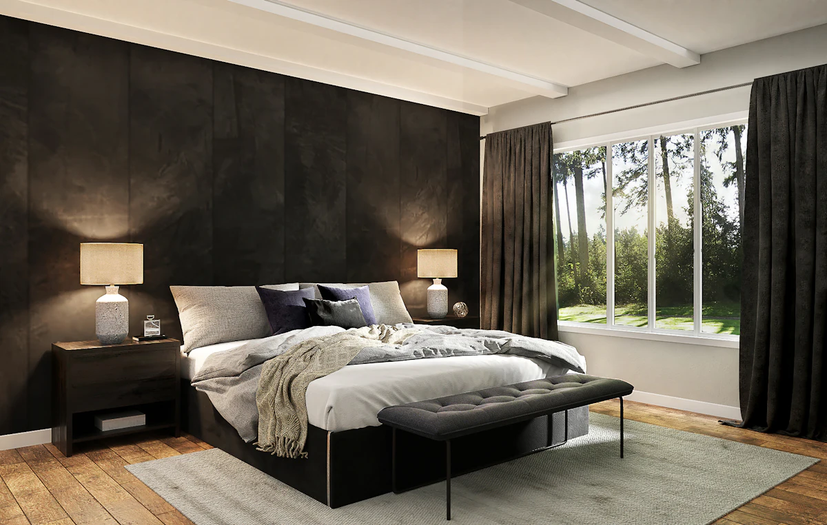 Moody contemporary bedroom with dark feature wall and large garden-view window