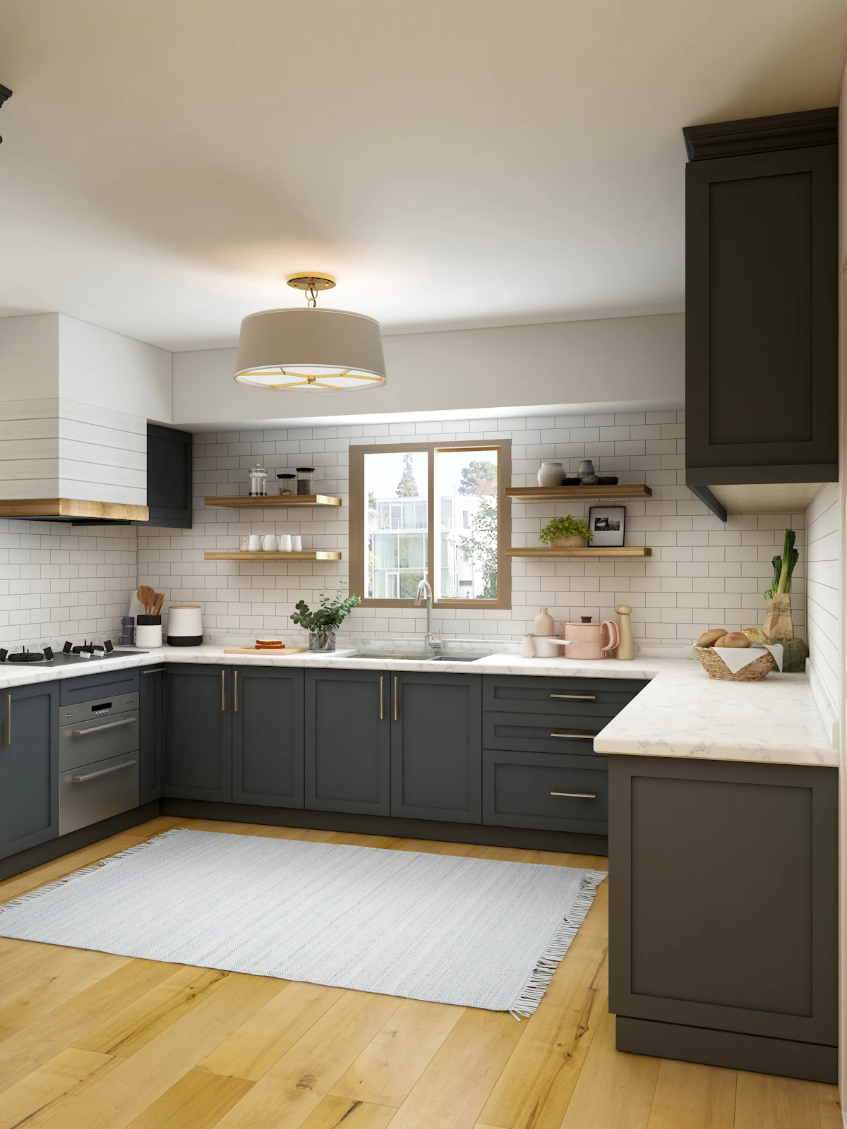 Charcoal modular kitchen with white subway tiles and open wooden shelves