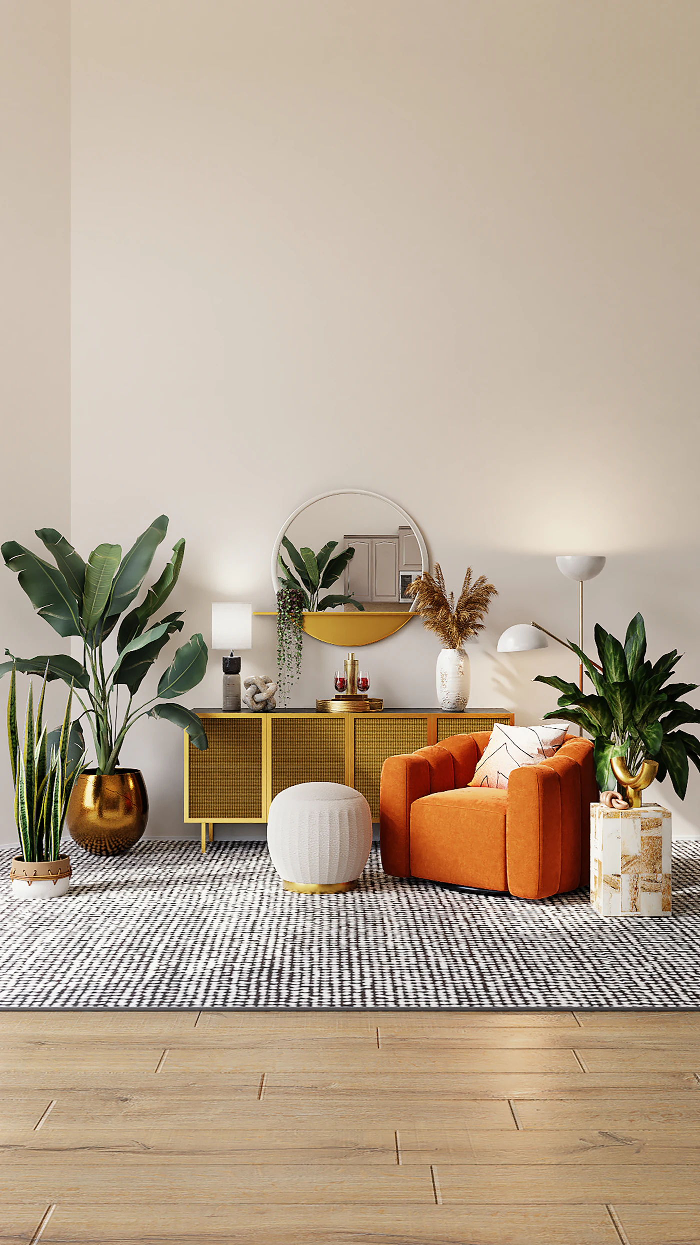 Styled living room with mustard accents, round mirror and tropical plants